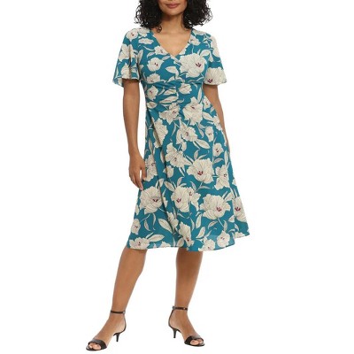 EG PRO V-Neck Flutter Sleeve Ruched Bodice Floral Print Bubble Crepe Dress