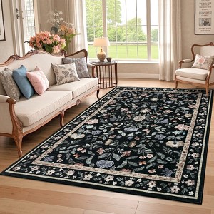Modern Washable Area Rug for Living Room, Vintage Floral Carpet with Non Slip Backing, Low Pile Stain Resistant Floor Mat for Dorm - 1 of 4