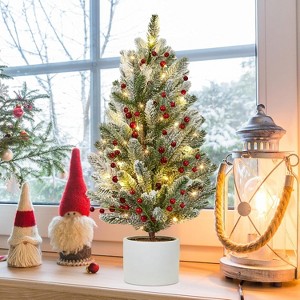 24 Inch Pre-lit Tabletop Christmas Tree with Lights, Mini Christmas Tree with Cement Basin Base, Artificial Pine Christmas Trees for Holiday Decor - 1 of 4
