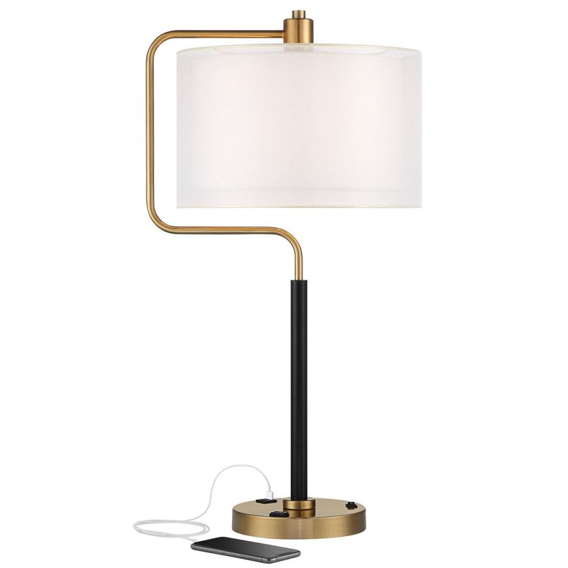 Possini Euro Design Carlyle Modern Mid Century Desk Lamp 30 1/2" Tall Gold with USB and AC Power Outlet in Base Double Drum Shades for Living Room, 1 of 10