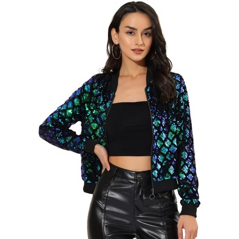 Allegra K Women's Halloween Sequin Long Sleeve Zipper Up Glitter Bomber ...