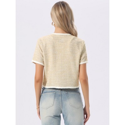Allegra K Women's Tweed Knit Crew Neck Short Sleeve Cropped Casual Cardigan Jackets Yellow X-Large — фото 3