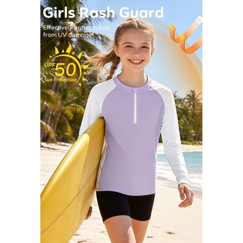 Charmo Rash Guard for Girls UPF 50+ UV Protection Swim Shirt Zip Up Long Sleeve Swim Top Athletic Shirts Purple/White 13-14 Years