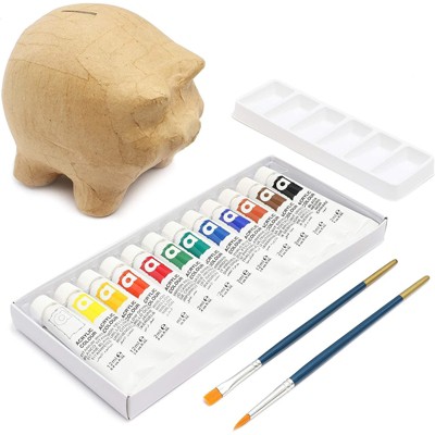 Juvale 16 Pieces DIY Piggy Bank with Acrylic Tube Paints Set, DIY Arts & Crafts Project, Gifts for Kids