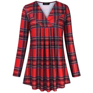 Plus Size Women's V-Neck Long Sleeve T-Shirt with Ruffle Detail Stretchy Soft Printed Blouse Fall Winter Tops XL to 5XL - 1 of 4