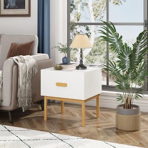 LIVAREEmlen Modern White Nightstand with Drawer and Wood Legs, Minimalist Bedside Table with Handle for Bedroom, Living Room, Apartment - 1 of 4