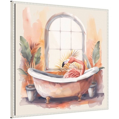 Kate & Laurel All Things Decor 30"x30" Sylvie Flamingo Bath Pastel Tropical Bathroom Framed Canvas by The Creative Bunch Beaded White