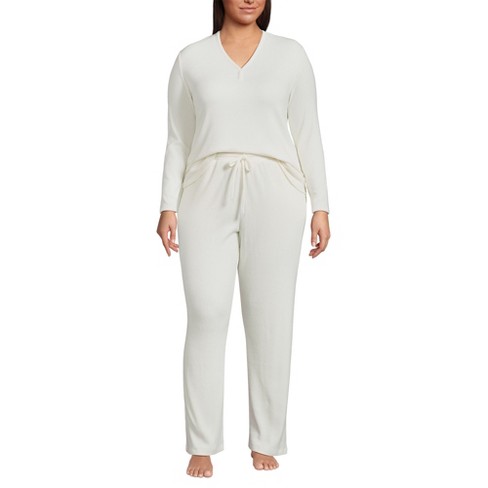 Lands End Women s Plus Size Cozy 2 Piece Pajama Set Long Sleeve Top and Pants 1x Ivory