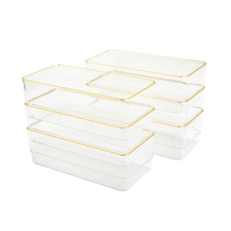 Martha Stewart 6pc 6&#34; x 3&#34; Plastic Stackable Office Desk Drawer Organizers with Gold Trim Clear, 6 of 11