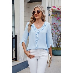Coolmee Women's Dressy Casual Blouses 3/4 Sleeve V Neck Ruffle Tops Business Ladies Summer Work Shirt - 1 of 4