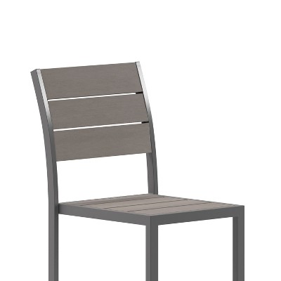 Gray Metal Armless Stackable Patio Chair with Faux Teak Slats