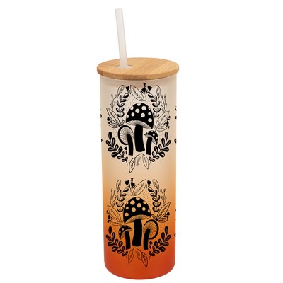 Elanze Designs Woodland Mushroom Flowers Wrap-Around Design 25 Ounce Frosted Gradient Glass On-The-Go Coffee Travel Skinny Tumbler Mug Cup, Bamboo Lid