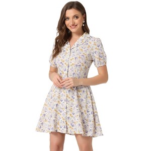 Allegra K Women's Button Up Short Sleeve A-Line Chiffon Vintage Floral Shirt Dress - 1 of 4