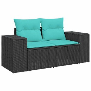 vidaXL Patio Sofa with Cushions - 2-Seater Outdoor Loveseat in Black PE Rattan - Comfortable Garden/Deck Furniture with Removable Blue Cushion Covers - 1 of 4