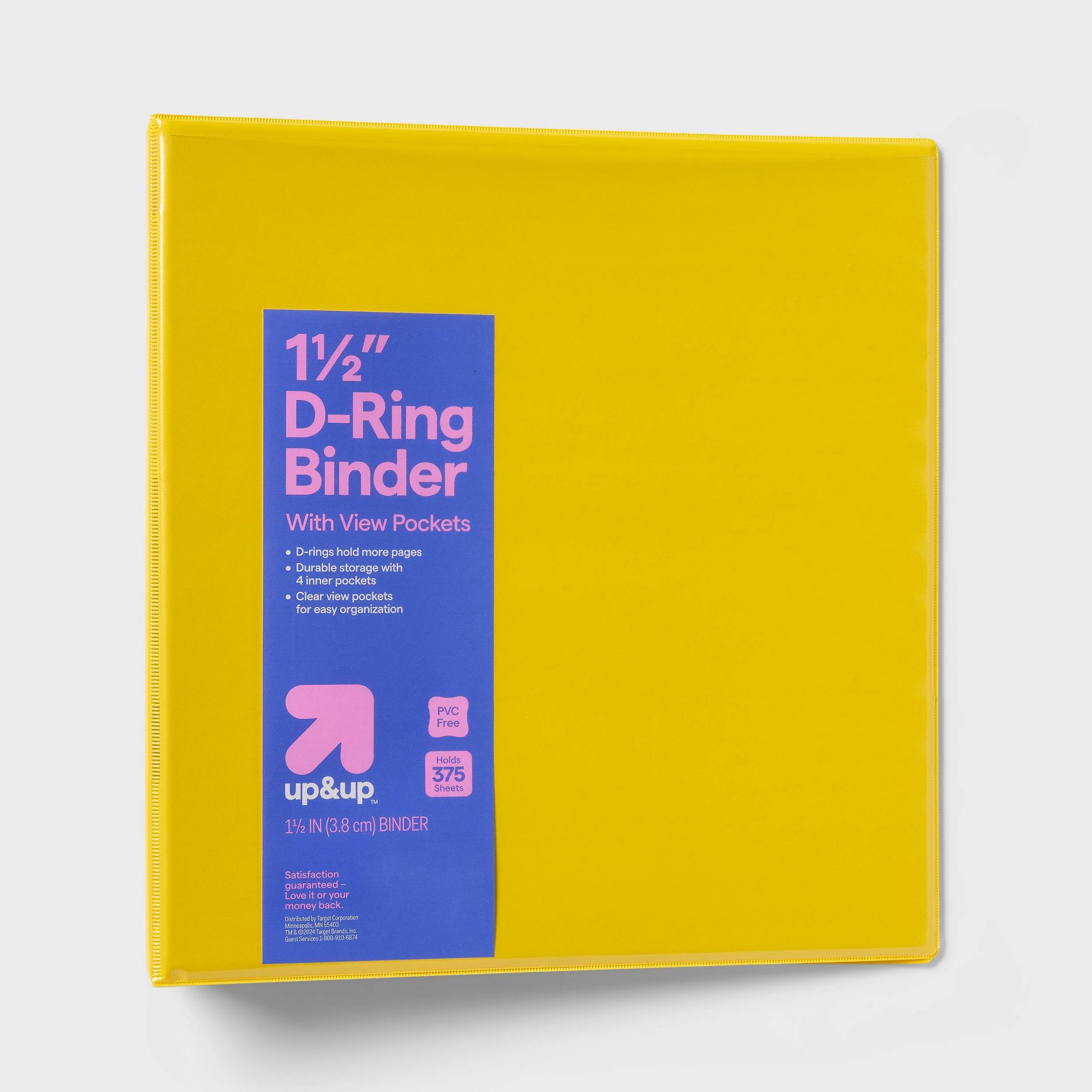 1.5" 3 Ring Binder Clear View Yellow - up&up™: D Rings, 375 Sheet Capacity, 4 Pockets, Cardboard & Polypropylene