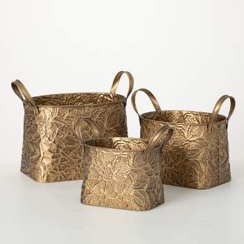 Sullivans 10.5", 9.5" & 8" Brass Botanical Basket Set of 3, Gold