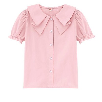Girls Button Down Tops Peter Pan Collar Short Sleeve Blouse with Ruffled Trim Puff-sleeve Tops Butterfly Collar Shirts for Girls - Pink,3-4T