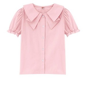 Girls Button Down Tops Peter Pan Collar Short Sleeve Blouse with Ruffled Trim Puff-sleeve Tops Butterfly Collar Shirts for Girls - Pink,3-4T - 1 of 4
