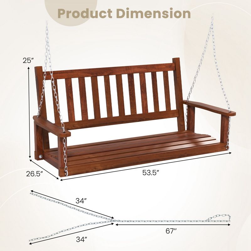 Costway 2-Person Wooden Outdoor Porch Swing Heavy Duty Patio Hanging Bench Chair Brown/White, 4 of 11