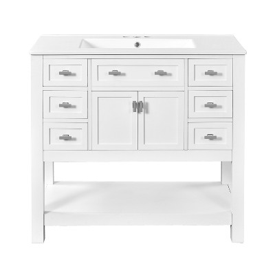 Vynxaria 36 inch Ultra White Modern Single Sink Freestanding Bath Vanity with White Ceramic Top Six Full Extension Drawers Two Soft Close Doors
