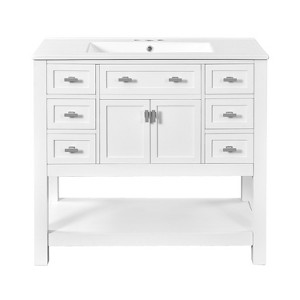 Vynxaria 36 inch Ultra White Modern Single Sink Freestanding Bath Vanity with White Ceramic Top Six Full Extension Drawers Two Soft Close Doors - 1 of 4