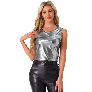 INSPIRE CHIC Women's U-Neck Stretchy Slim Fit Shiny Sparkly Metallic Tank Top - 1 of 4