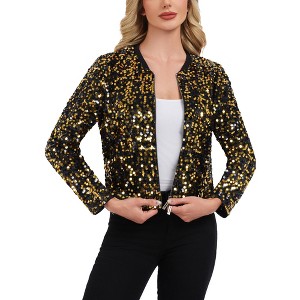 Anna-Kaci Women's Sequin Bomber Jacket with Zipper Front and Ribbed Trim - 1 of 4