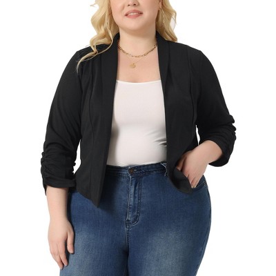Agnes Orinda Women's Plus Size 3/4 Sleeve Ruched Open Front Work Office Blazers