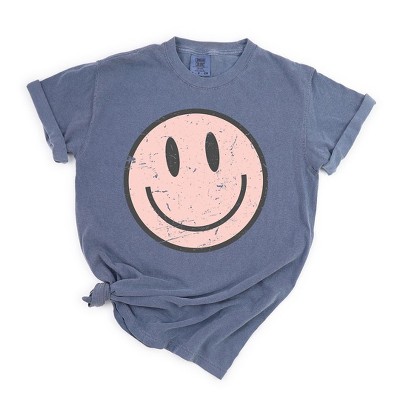 Simply Sage Market Women's Pink Smiley Face Grunge Short Sleeve Garment Dyed Tee