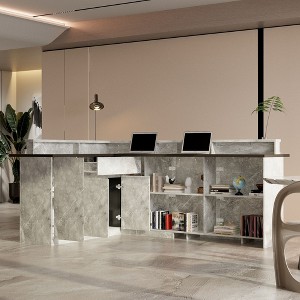 Famapy Gray Marble Textured Reception Table with Brown Top and Black Frame for Commercial Use Contemporary Front Desk Reception Counter - 1 of 4