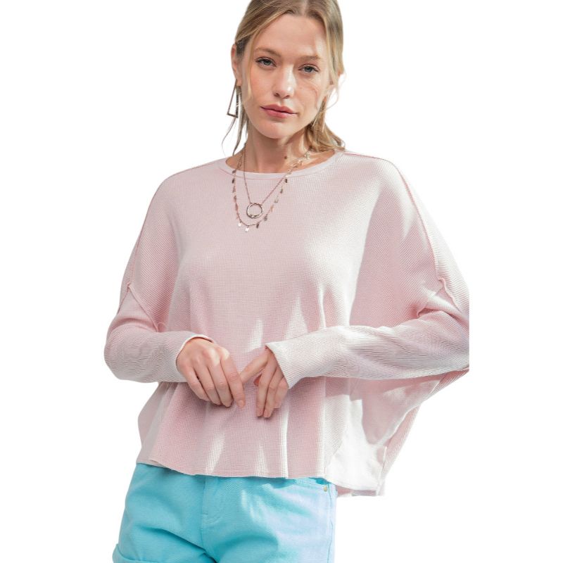 Slickblue Women's Thermal Crewneck Top, Mineral Wash Finish, Loose Fit, Soft Pink, Size L