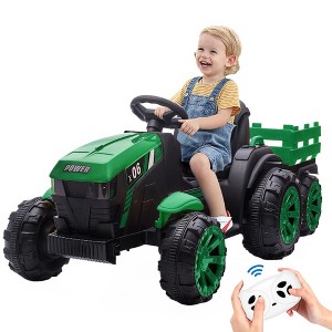 12V Kids Ride On Tractor with Trailer Battery Powered Electric Vehicles Toy - 1 of 4