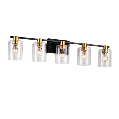 5 Light Matte Black + Matte Gold Color Bathroom Light Fixtures, Modern Vanity Lights with Glass Shade
