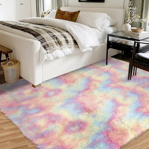 Living Room Rugs, Tie Dye Rainbow Indoor Shag Pile Rugs, Super Soft Fluffy Modern Bedroom Rugs for Girls, Kids, Baby Room Home Decor - 1 of 4