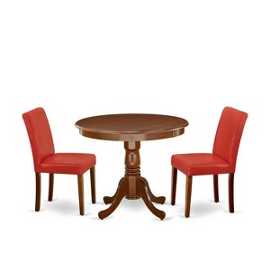 Dinette Set 3Pc Table & Chairs - 36 Inch Round Kitchen Table with PU Leather Parsons Chairs - Firebrick Red - 1 of 4