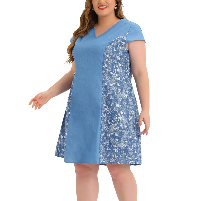 Agnes Orinda Women's Plus Size Chambray Wedding Floral A Line Knee Length Dress, 2 of 6