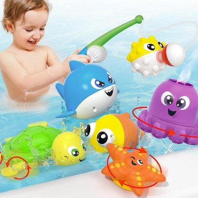 Joyfy Baby Bath Toy Set Magnetic Fishing Toy with Fishing Rod, Puffer & Clown Fish, Wind-up Shark and Turtle, Sensory Development for Infants Toddler