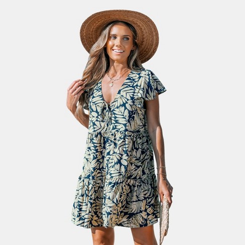 Women's Navy Tropical Flared Sleeve Mini Dress - Cupshe - image 1 of 4