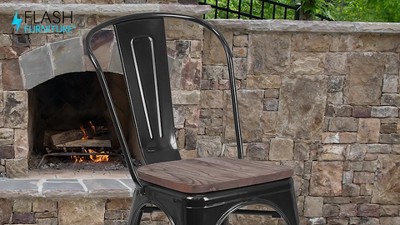 Rustic Black-Antique Gold Metal Stackable Side Chair with Wood Seat