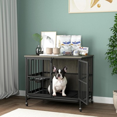 Dog Crate Furniture, Dog Crate for Large Medium Dogs, Wooden Dog Kennel End Table, 37.8" Dog Cage Large Dogs with Wheel & with Flip-Top