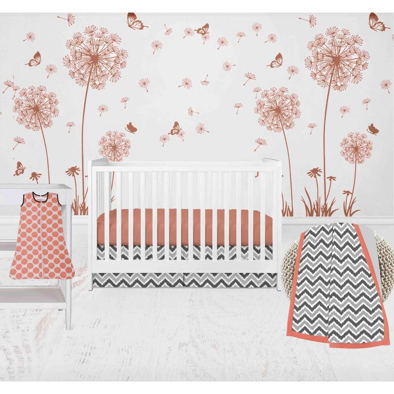 Bacati - Ikat Dots Stripes Coral Gray Girls 4 pc Crib Set with Muslin Sleeping Sack, 1 of 7