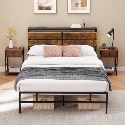 Whizmax 15.6''Metal Full Size Platform Bed Frame with Storage Bedside, Rustic Vintage Wood Headboard, Mattress Foundation,Brown