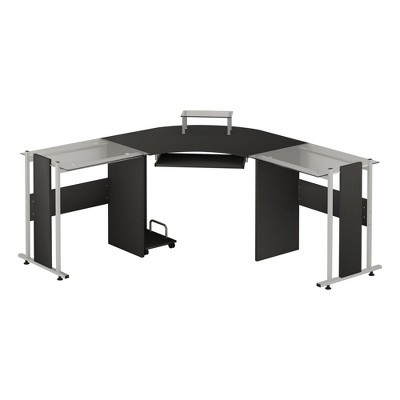 HOMCOM 69" Modern L-Shaped Tempered Glass Office Computer Desk with Elevated Monitor Stand Rolling CPU Holder Pull Out Keyboard Tray and Steel Frame