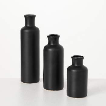 Sullivans Matte Black Set of 3 Small Ceramic Bottle Vases 5"H, 7.5"H & 10"H Black