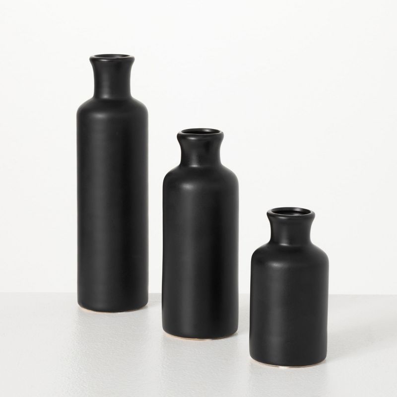 Sullivans Matte Black Set of 3 Small Ceramic Bottle Vases 5"H, 7.5"H & 10"H Black, 1 of 15