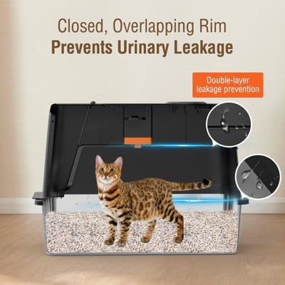 Odor Control Large Enclosed Cat Litter Boxes with Cover, XL Stainless Steel Litter Box with Lid,  180° Flip-Top Cover, Odor-Free, Non-Sticky, Black