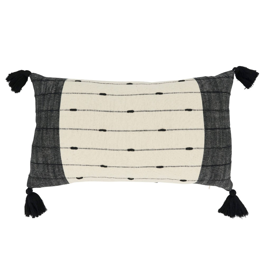Photos - Pillow 12"X20" Oversize Tassels and Striped Lumbar Throw  Cover - Saro Lifestyle: Cotton, Hand Wash, Zipper Closure