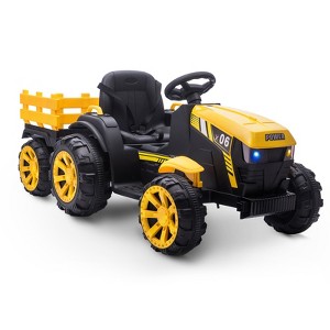 12V Kids Ride On Tractor w/Remote, 7Ah Battery, Dual 35W Motors, Detachable Trailer, LED Lights, Music, Safety Belt - 1 of 4