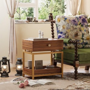FONTOI End Tables with Drawer and Open Shelf, 2-Tier Wooden Side Table, Contemporary Nightstand with Walnut Finish, Brown, 26.2"*18.9"*6.3" - 1 of 4