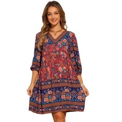 INSPIRE CHIC Women's V Neck Floral Print 3/4 Lantern Sleeve Casual Mini Dress